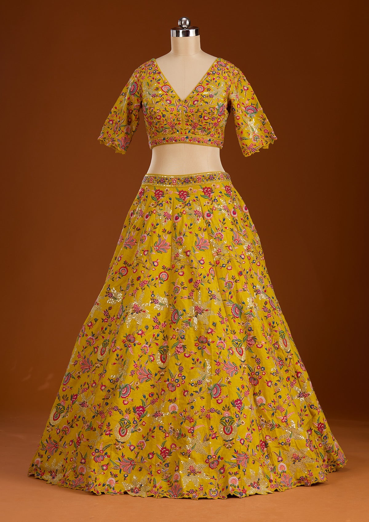 Mustard Sequins Raw Silk Readymade Lehenga