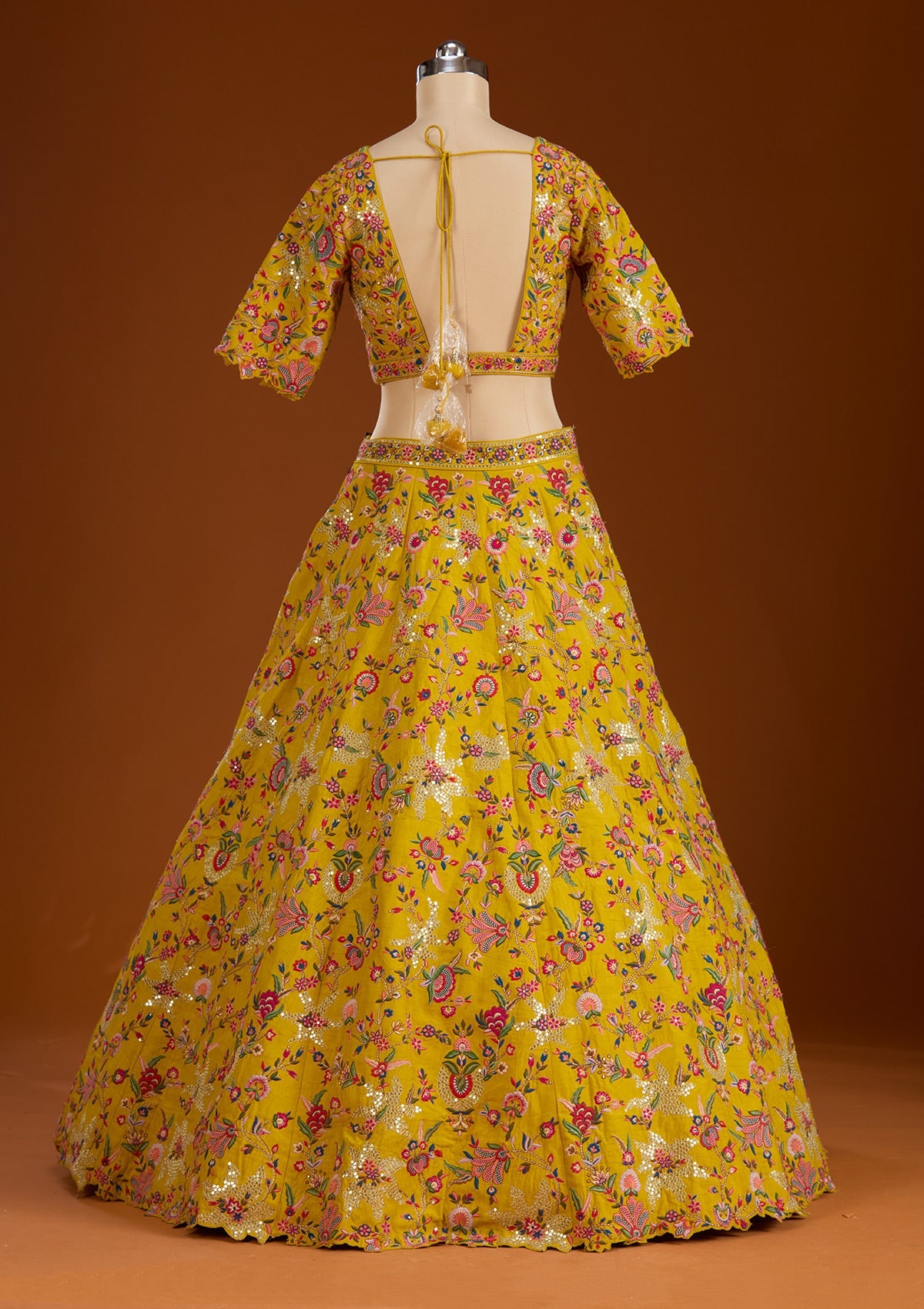 Mustard Sequins Raw Silk Readymade Lehenga