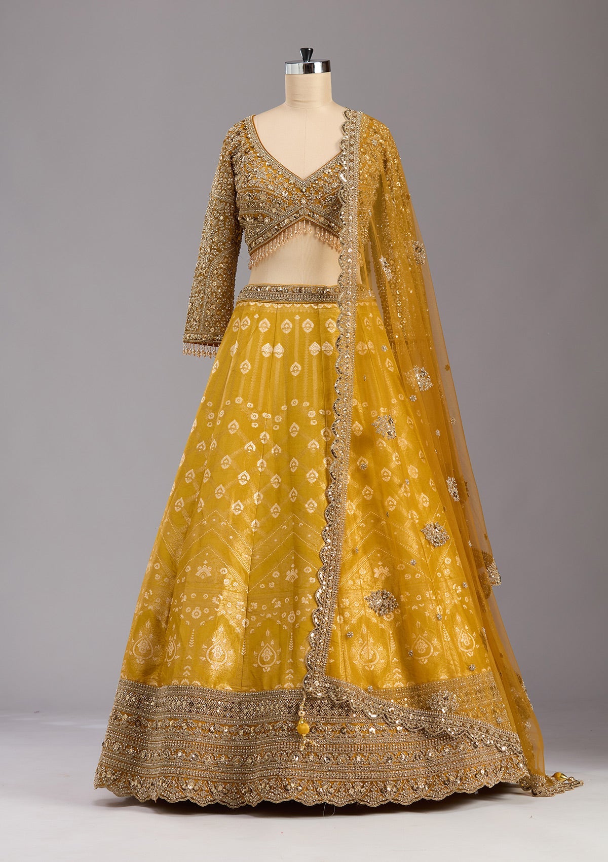 Mustard Cording Banarasi Readymade Lehenga