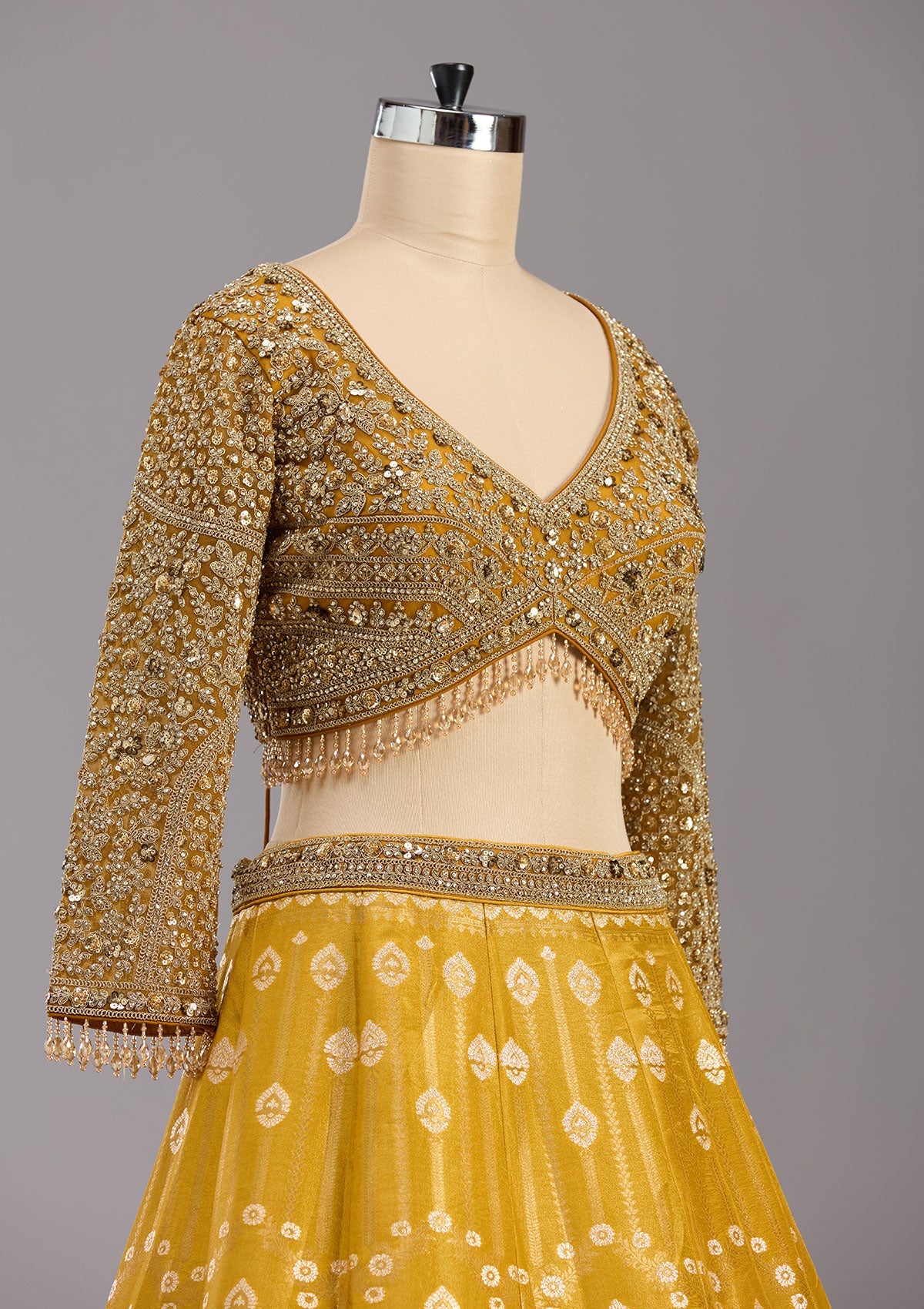 Mustard Cording Banarasi Readymade Lehenga