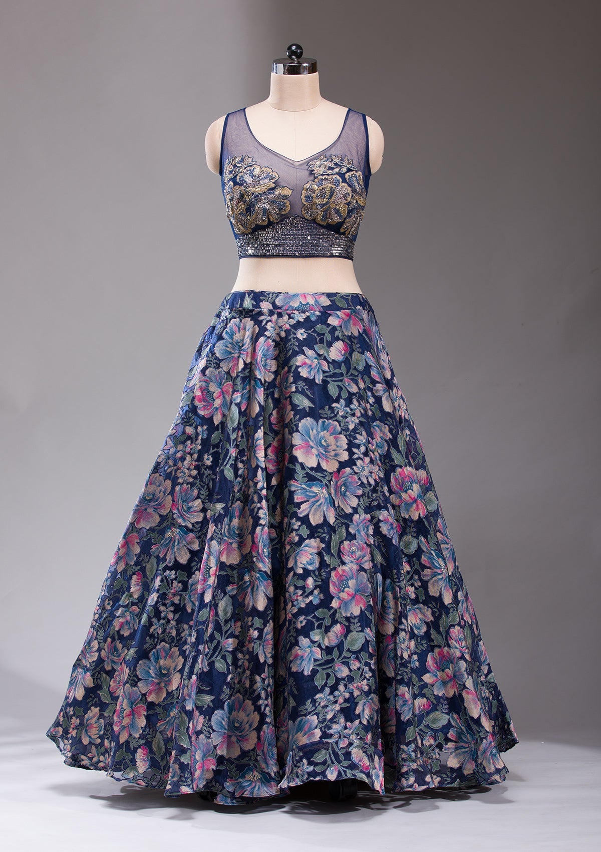 Navy Blue Stonework Tissue Readymade Lehenga