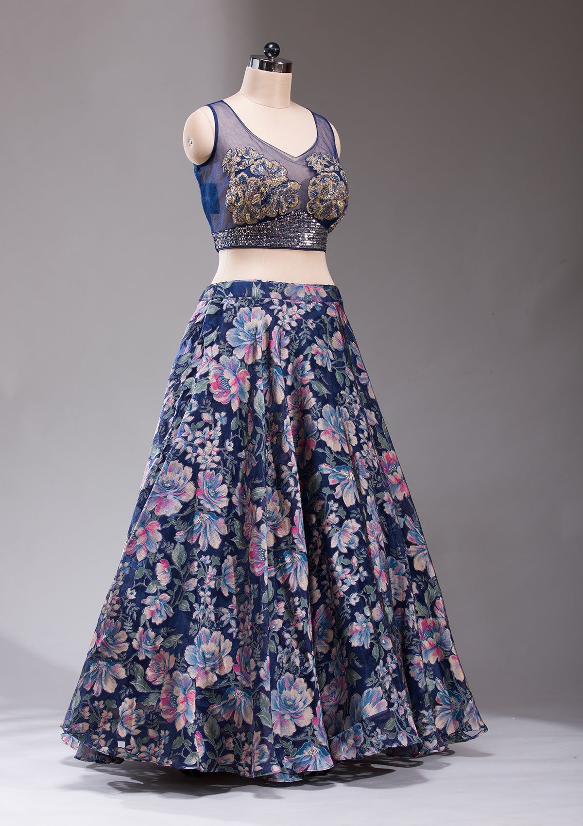 Navy Blue Stonework Tissue Readymade Lehenga