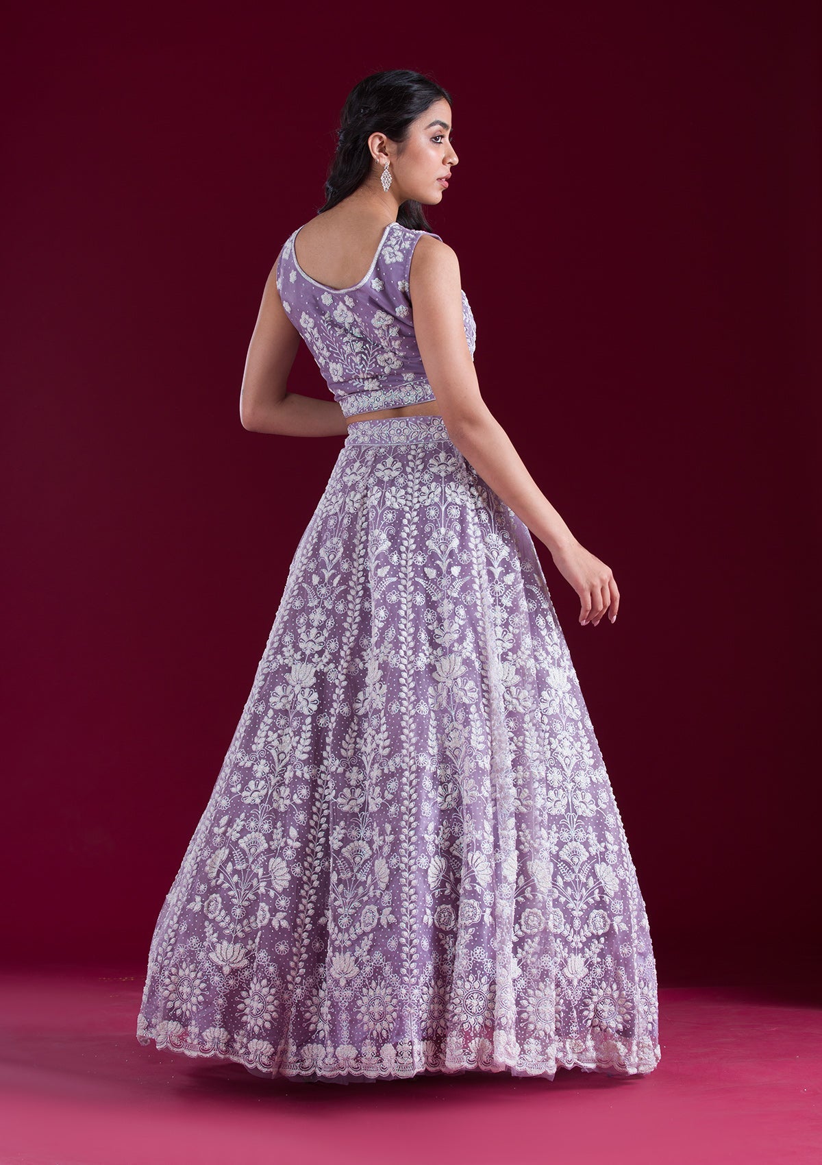 Lavender Threadwork Net Readymade Lehenga