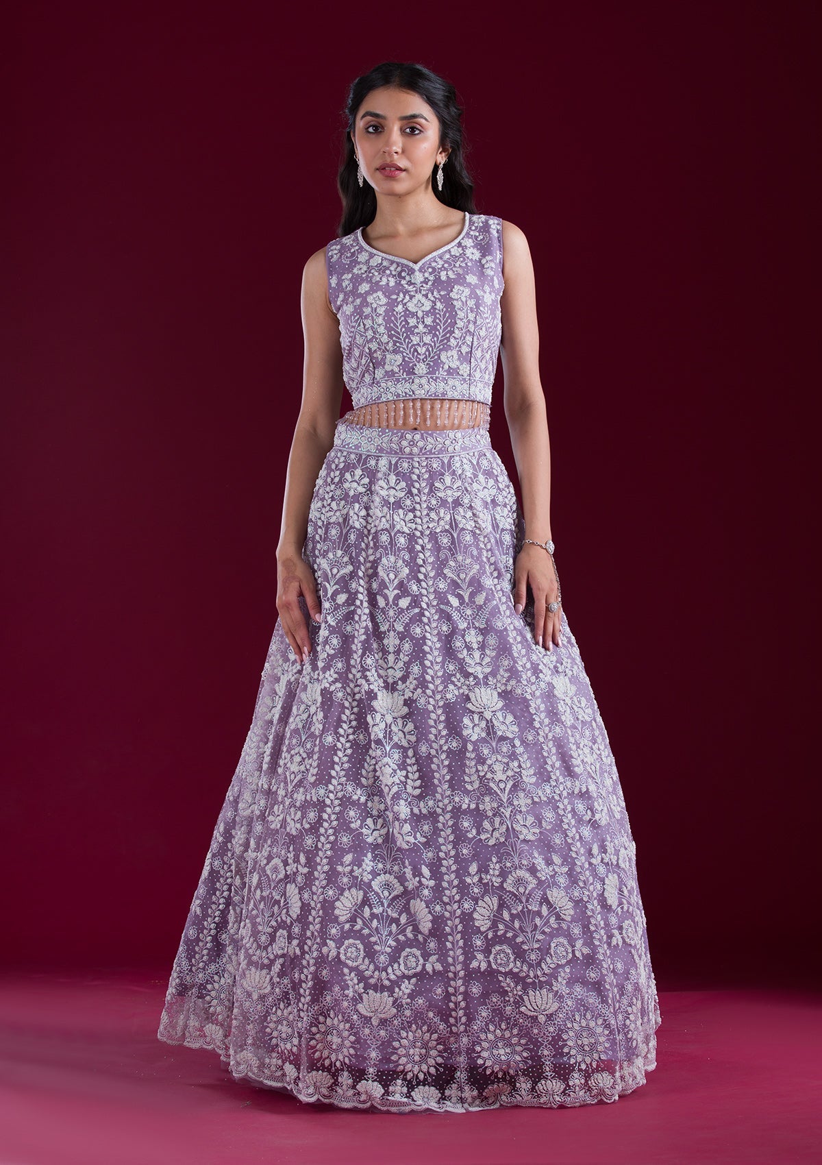 Lavender Threadwork Net Readymade Lehenga