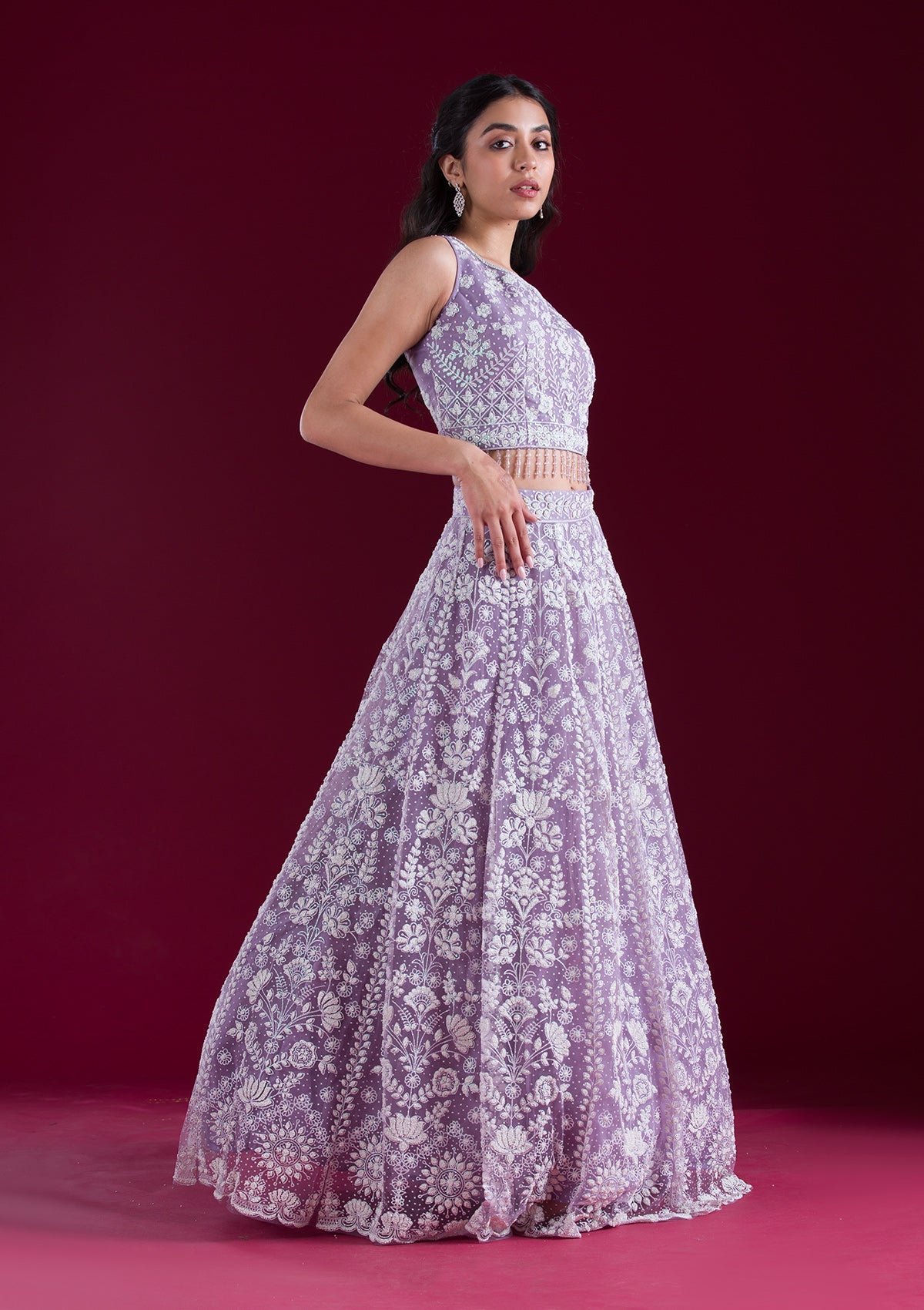 Lavender Threadwork Net Readymade Lehenga