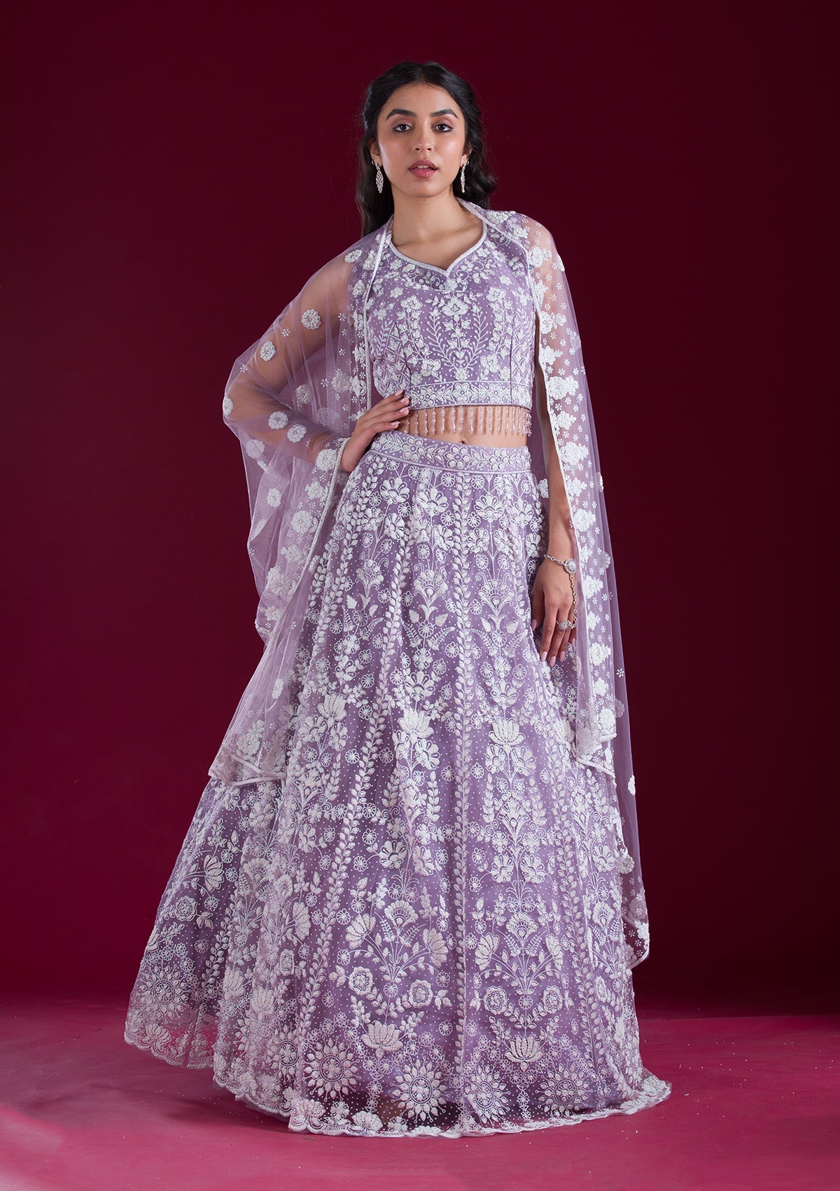 Lavender Threadwork Net Readymade Lehenga