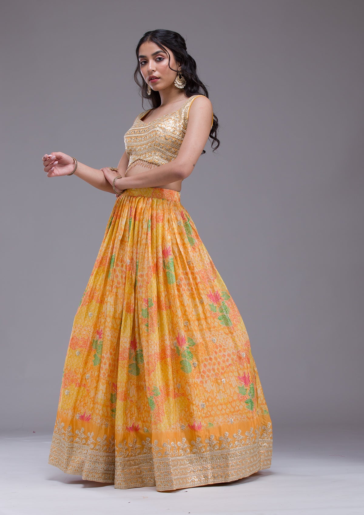 Mustard Sequins Georgette Readymade Lehenga