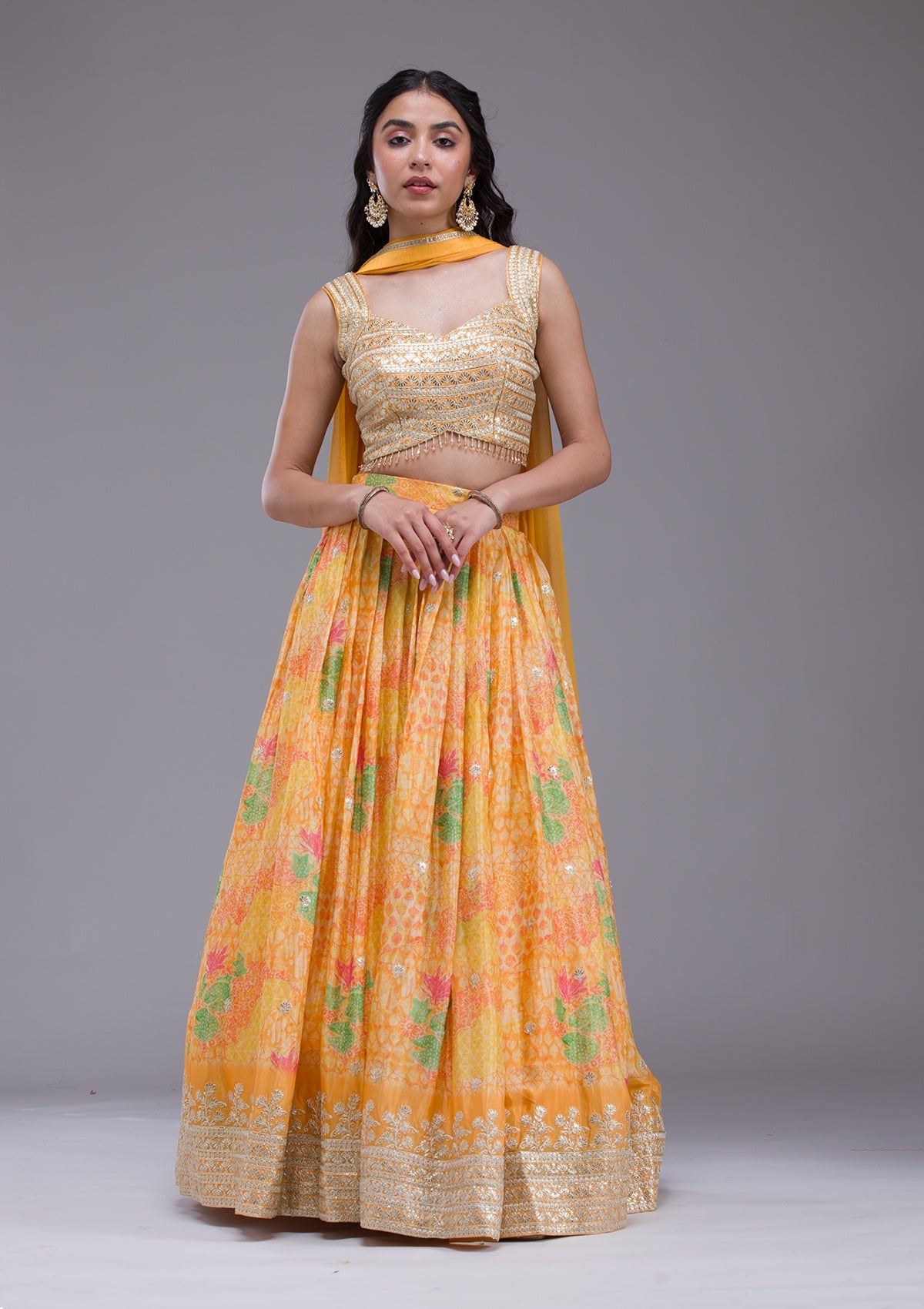 Mustard Sequins Georgette Readymade Lehenga