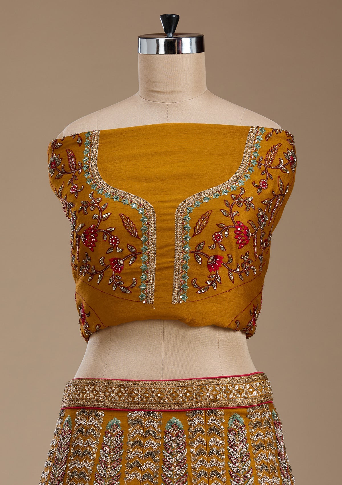 Mustard Zardosi Raw Silk Semi-Stitched Lehenga
