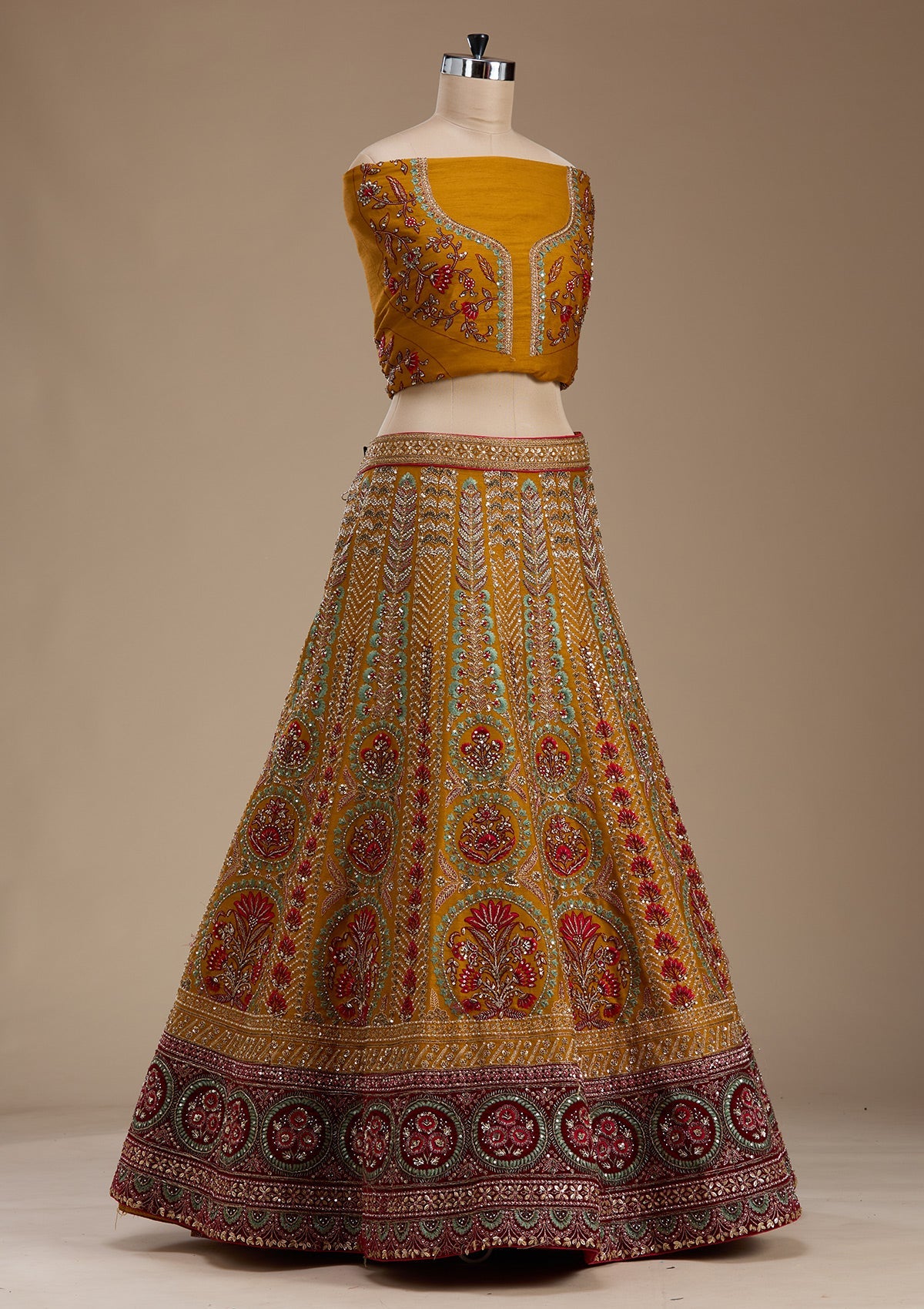Mustard Zardosi Raw Silk Semi-Stitched Lehenga