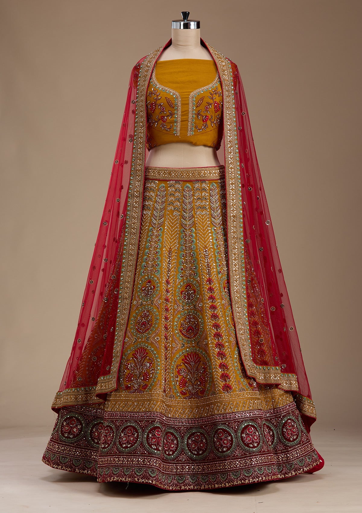 Mustard Zardosi Raw Silk Semi-Stitched Lehenga