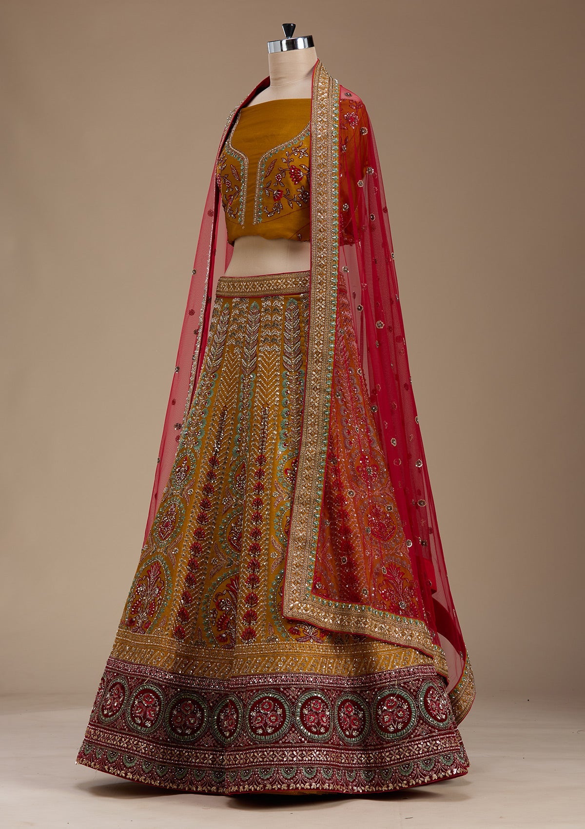 Mustard Zardosi Raw Silk Semi-Stitched Lehenga