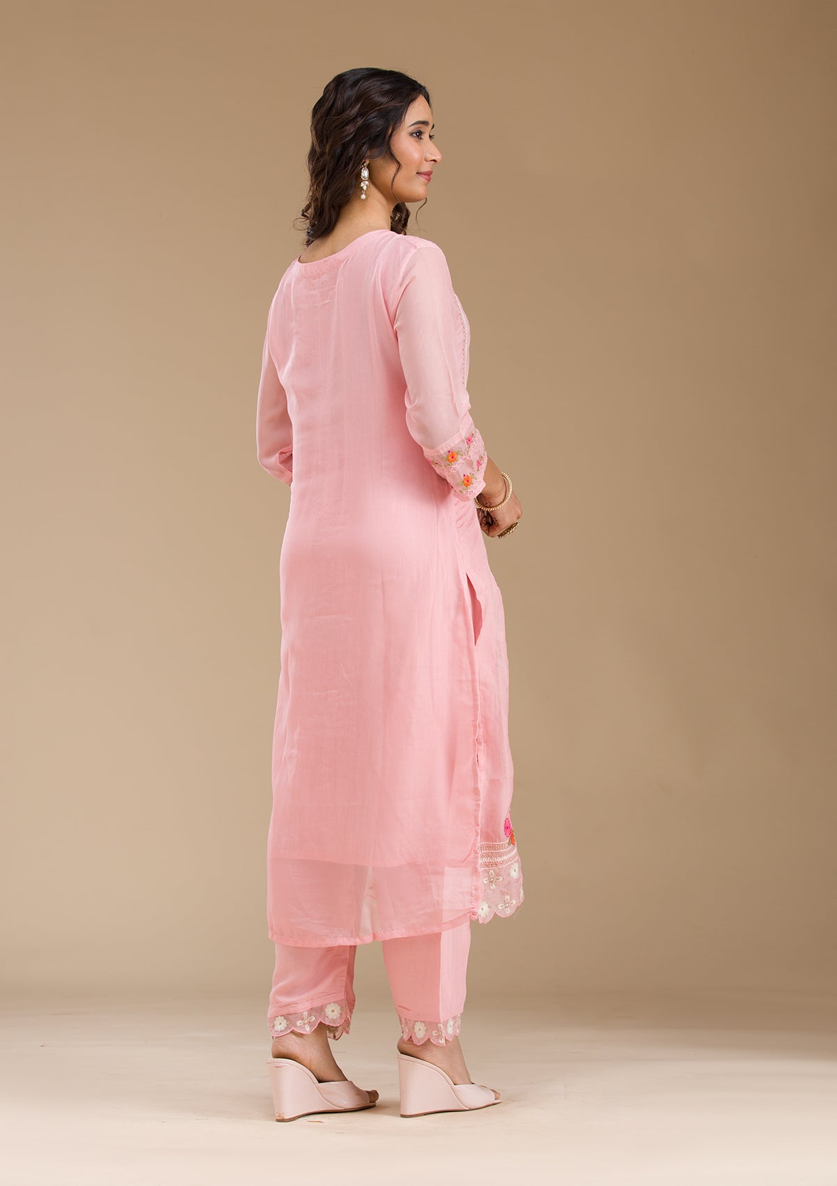 Baby Pink Threadwork Semi Crepe Readymade Salwar Suit