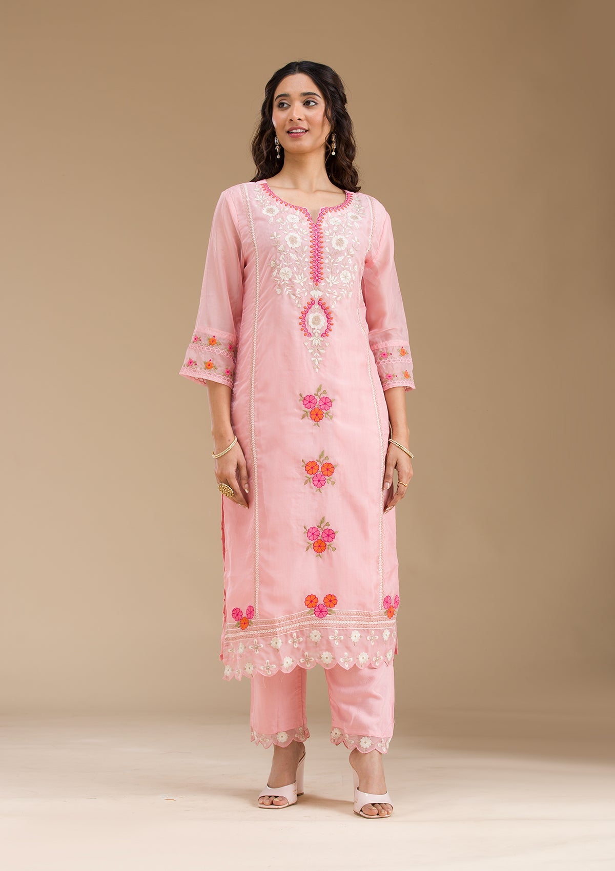 Baby Pink Threadwork Semi Crepe Readymade Salwar Suit