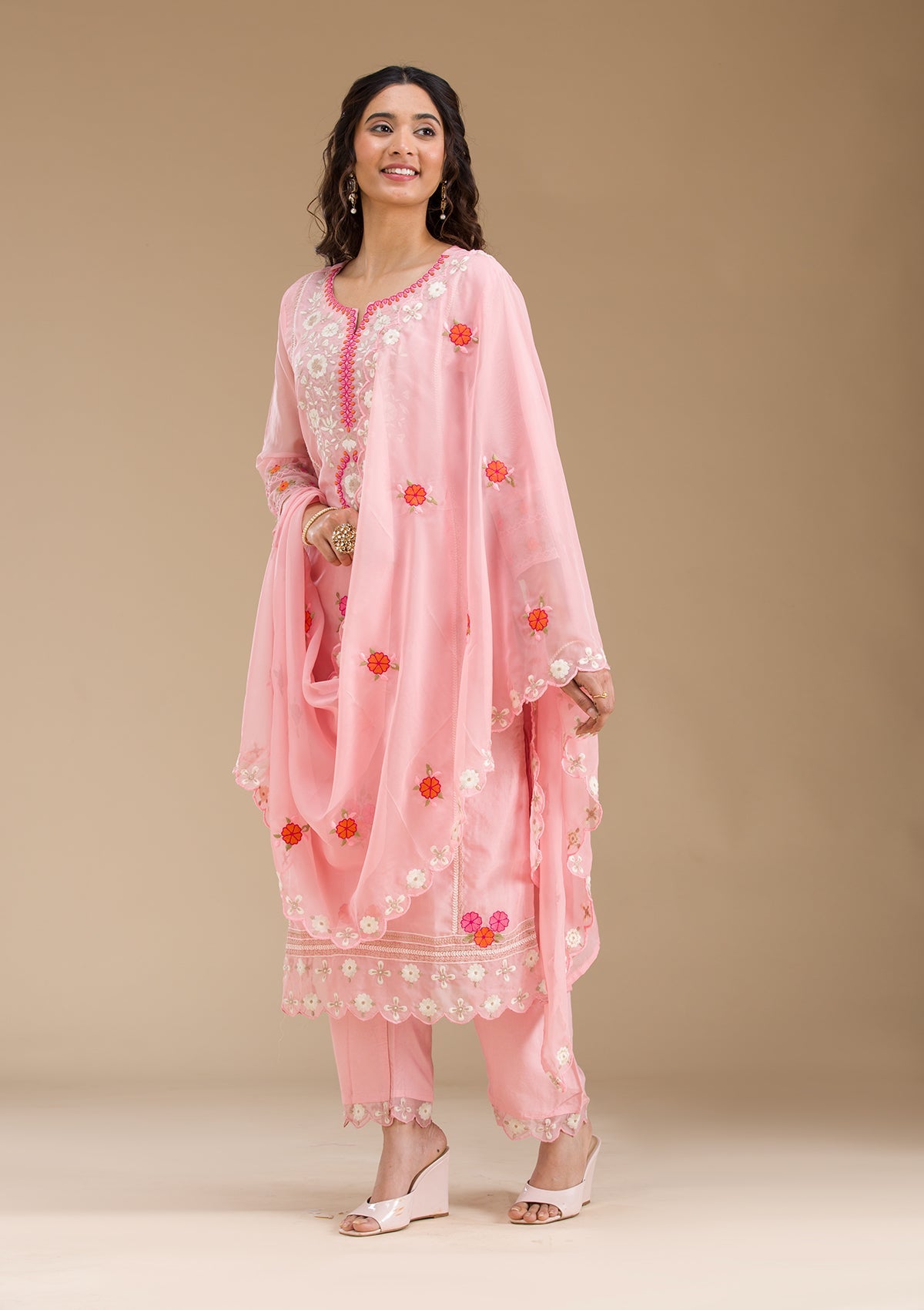 Baby Pink Threadwork Semi Crepe Readymade Salwar Suit