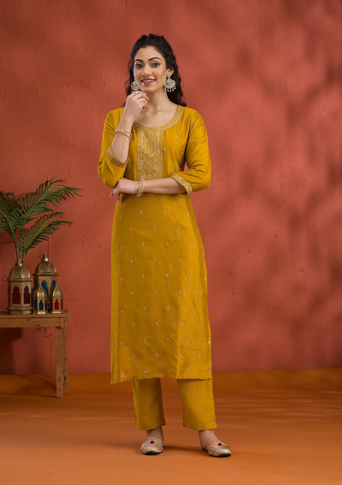 Mustard Threadwork Raw Silk Readymade Salwar Suit