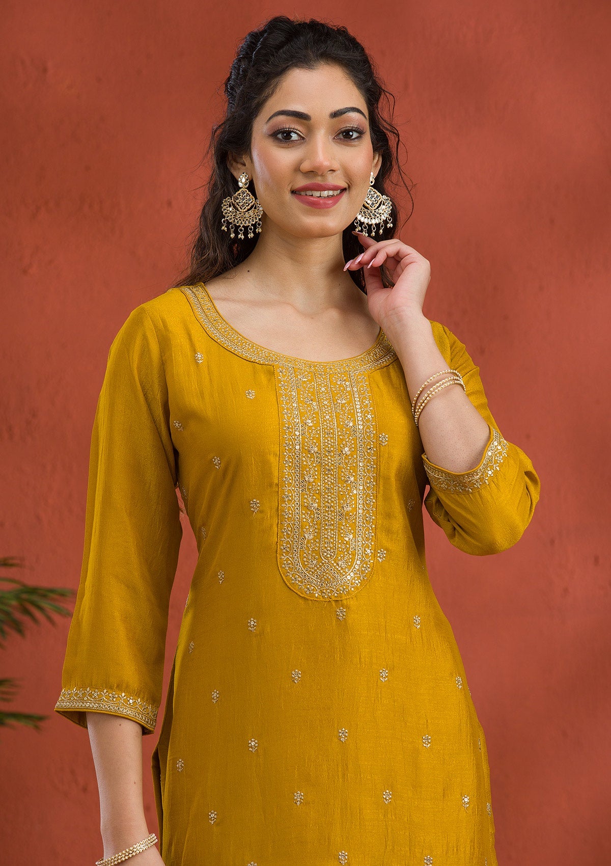 Mustard Threadwork Raw Silk Readymade Salwar Suit